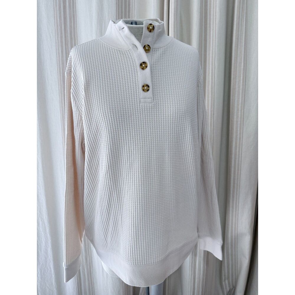Lands’ End Cream Waffle Knit Button Mock Neck Pullover Large NWOT 94
